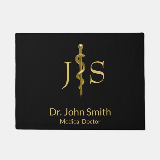 Paillasson Bague d'Asclepius Médicale Classy Gold sur Noir (Devant)