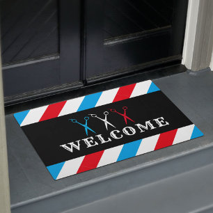 Paillasson Barbershop Blue Red Stripes Bienvenue