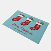 Paillasson Bas de Noël rouge sur bleu avec texte personnalisé (Incliné)