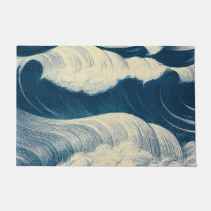 Paillasson Beau Japonais Vague Art Vintage, Bleu