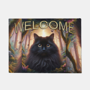 Paillasson Belle Fluffy Chat noir avec yeux or Bienvenue