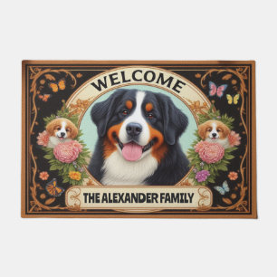 Paillasson Bernese Mountain Dog Floral Nom de famille Bienven