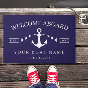 Paillasson Bienvenue à bord Nom de bateau ancre nautique