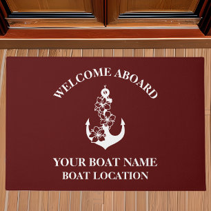 Paillasson Bienvenue à bord Nom du bateau Floral Ancre Maroon