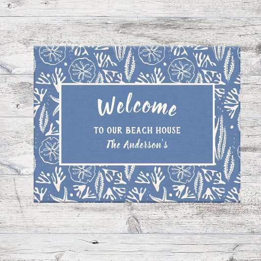 Paillasson Bienvenue à notre Beach House Navy-Blue Hand-Drawn