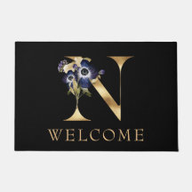BIENVENUE Black and Gold Fall Monogram N Porte mat