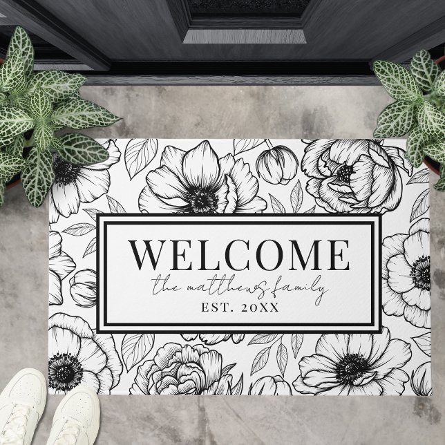Paillasson Bienvenue Black White Nom (Welcome Black White Name Doormat)