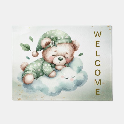 Paillasson Bienvenue Boho Vert Sleeping Teddy Bear mignonne (Devant)