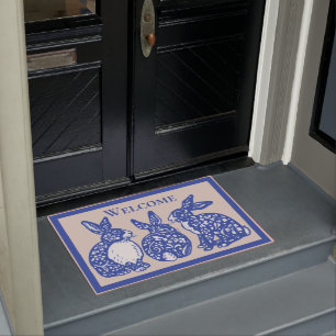 Paillasson Bienvenue Chinoiserie Rabbit Bleu Blanc Bunny Delf