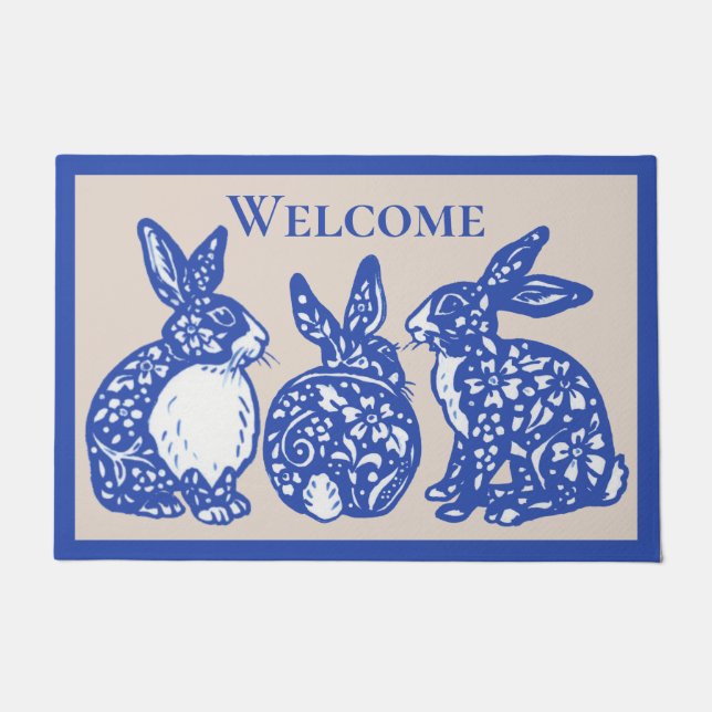 Paillasson Bienvenue Chinoiserie Rabbit Bleu Blanc Bunny Delf (Devant)