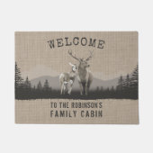 Paillasson Bienvenue Famille Cabine Cerf Pine Forêt Burlap (Devant)