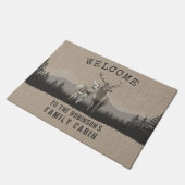 Paillasson Bienvenue Famille Cabine Cerf Pine Forêt Burlap (Incliné)