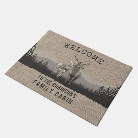 Paillasson Bienvenue Famille Cabine Cerf Pine Forêt Burlap (Incliné)