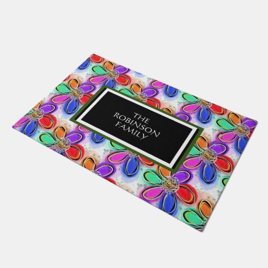 Paillasson Bienvenue Fleurs d'art colorées NOM (Incliné)