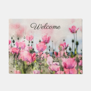 Paillasson Bienvenue Floral Aquarelle Pink Poppy Fleurs