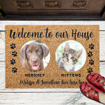 Paillasson Bienvenue Funny Dogs House Custom 2 Pet Photo<br><div class="desc">Bienvenue aux invités avec ce drôle de tapis de portes ! "Bienvenue à notre Maison." Personnalisez avec vos animaux de compagnie photos et noms. Ce mat Welcome Doormat présente un style rustique et un style noir avec des empreintes de pattes. DROIT D'AUTEUR © 2022 Judy Burrows, Black Dog Art -...</div>