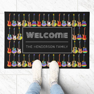 Paillasson Bienvenue Guitares Colorées Famille Nom Noir