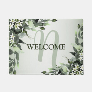 Paillasson Bienvenue Monogramme Vert Floral Eucalyptus Feuill