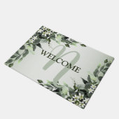 Paillasson Bienvenue Monogramme Vert Floral Eucalyptus Feuill (Incliné)