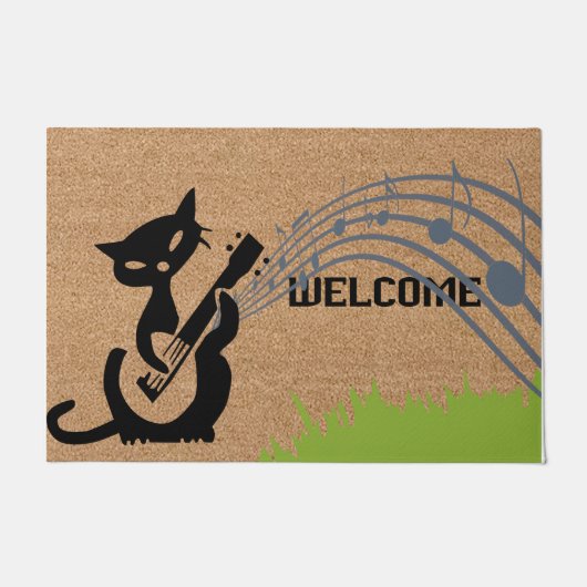 Paillasson Bienvenue Musicien Chat Noir Mat, Simple (Devant)