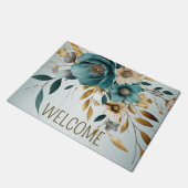 Paillasson Bienvenue Turquoise Fleur blanche Feuilles d'or (Incliné)
