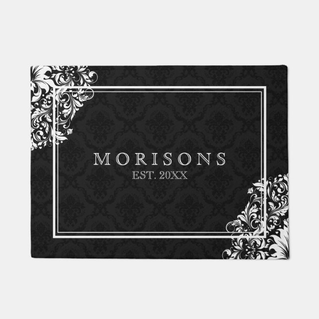 Paillasson Black Damask Blanc Dentelle Florale Et Cadre (Devant)