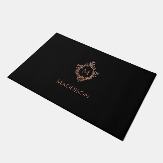 Paillasson Black Pink Monogram Elegant Rose Gold Crest Name (Incliné)
