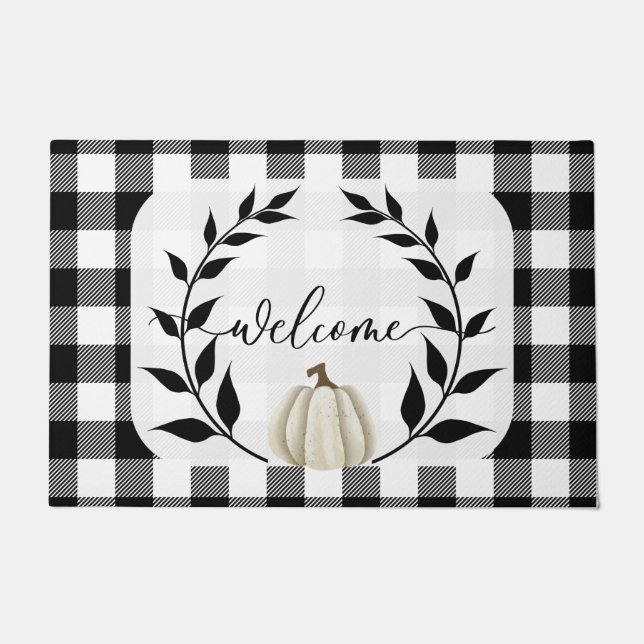 Paillasson Black & White Fall Welcome Mat Automne Citrouille (Devant)