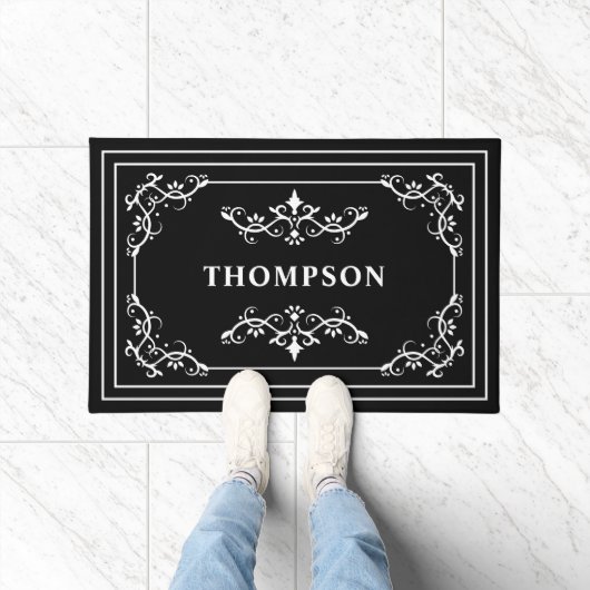 Paillasson Black White Ornate Frotles décoratives Nom personn (Intérieur)