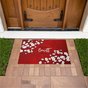 Paillasson Blanc floral Monogramme Fleur de cerisier Rouge Aj
