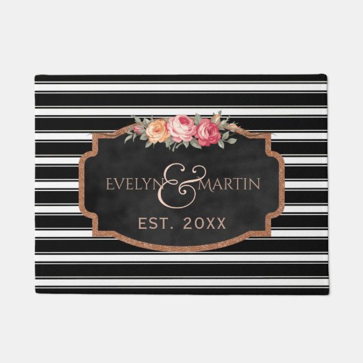 Paillasson Blancs noirs | Nom du monogramme élégant Année (Devant)