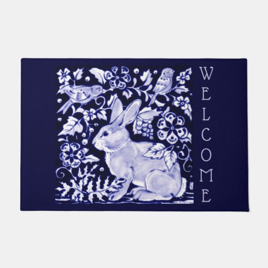 Paillasson Bleu & Blanc Rabbit Oiseau Bienvenue Floral Dedham (Devant)
