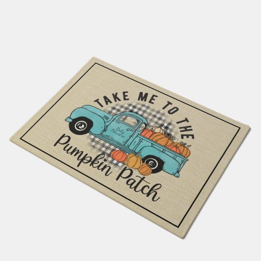 Paillasson Bleu Camion Citrouille Patch Buffalo Plaid Automne (Incliné)