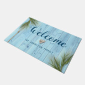 Paillasson Bleu clair côtier Bois rustique Nom Bienvenue (Incliné)