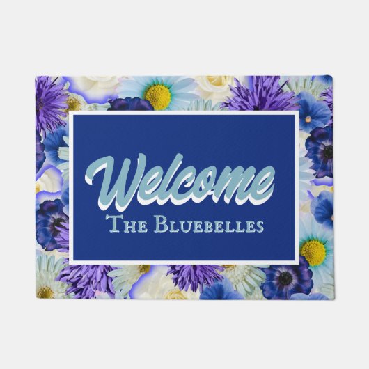 Paillasson Bleu et Blanc Fleurs Personnalisé Accueil Entrée B (Devant)