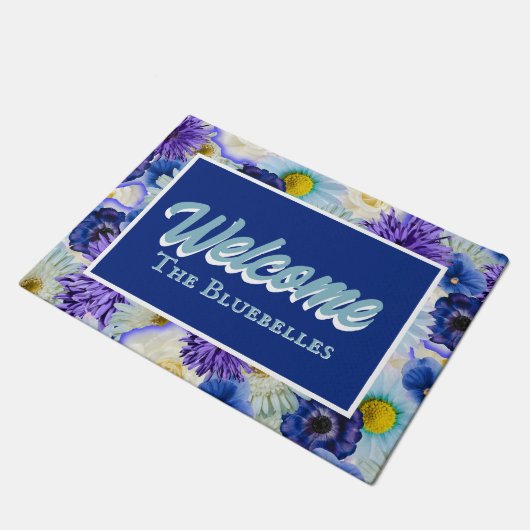Paillasson Bleu et Blanc Fleurs Personnalisé Accueil Entrée B (Incliné)