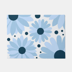 Paillasson Bleu marguerite de style rétro et points bleu fonc