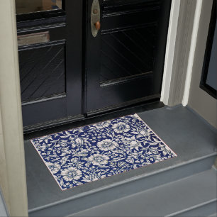 Paillasson Bleu, marine et profil floral blanc,
