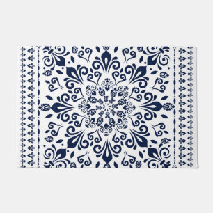 Paillasson Bleu oriental de damassé sur le blanc