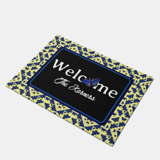 Paillasson Bleu papillons en Motif amusant sur Jaune (Incliné)