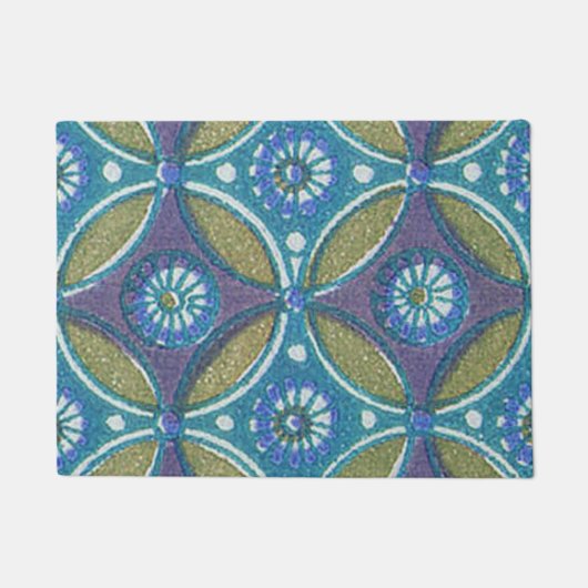 Paillasson Bleu vert Rustique Boho Motif circulaire géométriq (Devant)