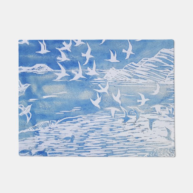 Paillasson Blue Coast Birds Moderne Aquarelle Art (Devant)