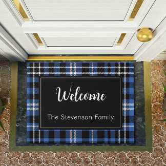 Paillasson Blue Plaid Welcome Monogramme Nom de famille