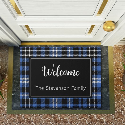 Paillasson Blue Plaid Welcome Monogramme Nom de famille