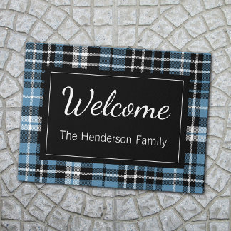 Paillasson Blue Plaid Welcome Monogramme Nom de famille Doorm
