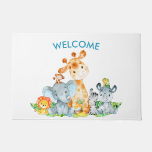 Paillasson Blue Watercolor Cute Safari Jungle Animaux