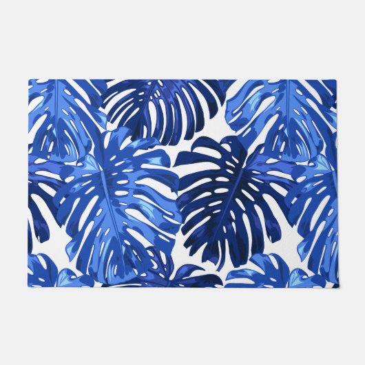 Paillasson Boho Bleu Blanc Tropical Feuille Motif (Devant)