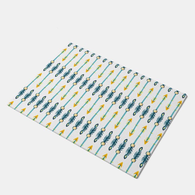 Paillasson boho chic bleu aquarelle flèches porte mat (Incliné)