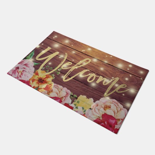 Paillasson Bois Floral Chaîne Lumières Or Script Welcome Mats (Incliné)