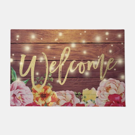 Paillasson Bois Floral Chaîne Lumières Or Script Welcome Mats (Devant)